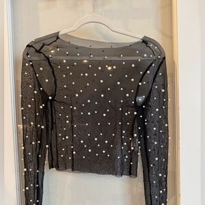 Elegant Black Sheer Pearl-Embellished Top